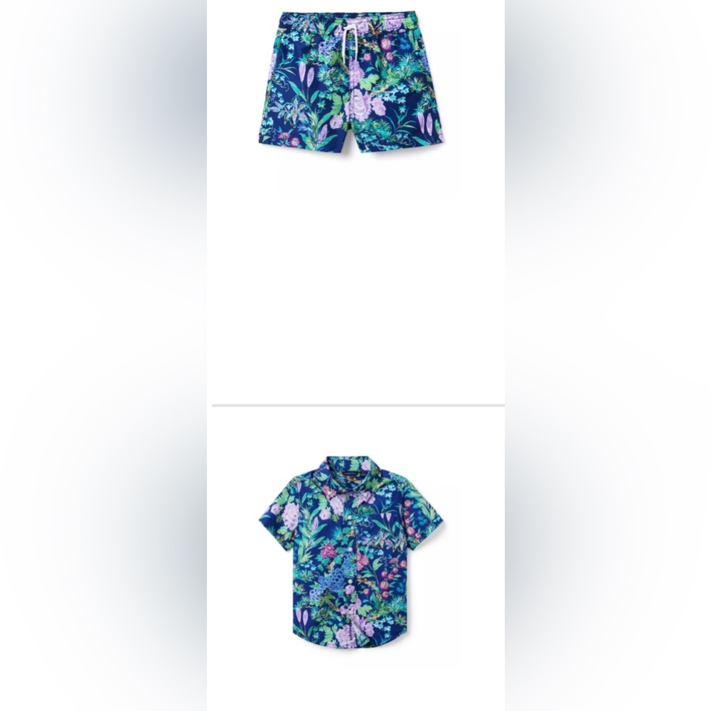 Janie and Jack Floral Shirt set- Blue and Pink with swim shorts.
